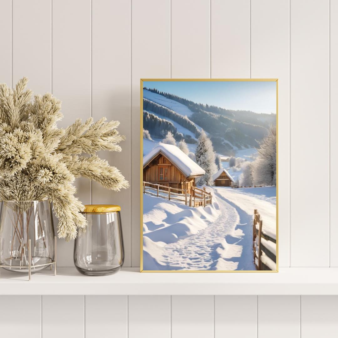 Affiche Numérique Chalets dans la Campagne Enneigée, Art Mural Hiver, Poster Nature, Paysage, Décor de Neige, Format A2 : 42 x 59,4 cm