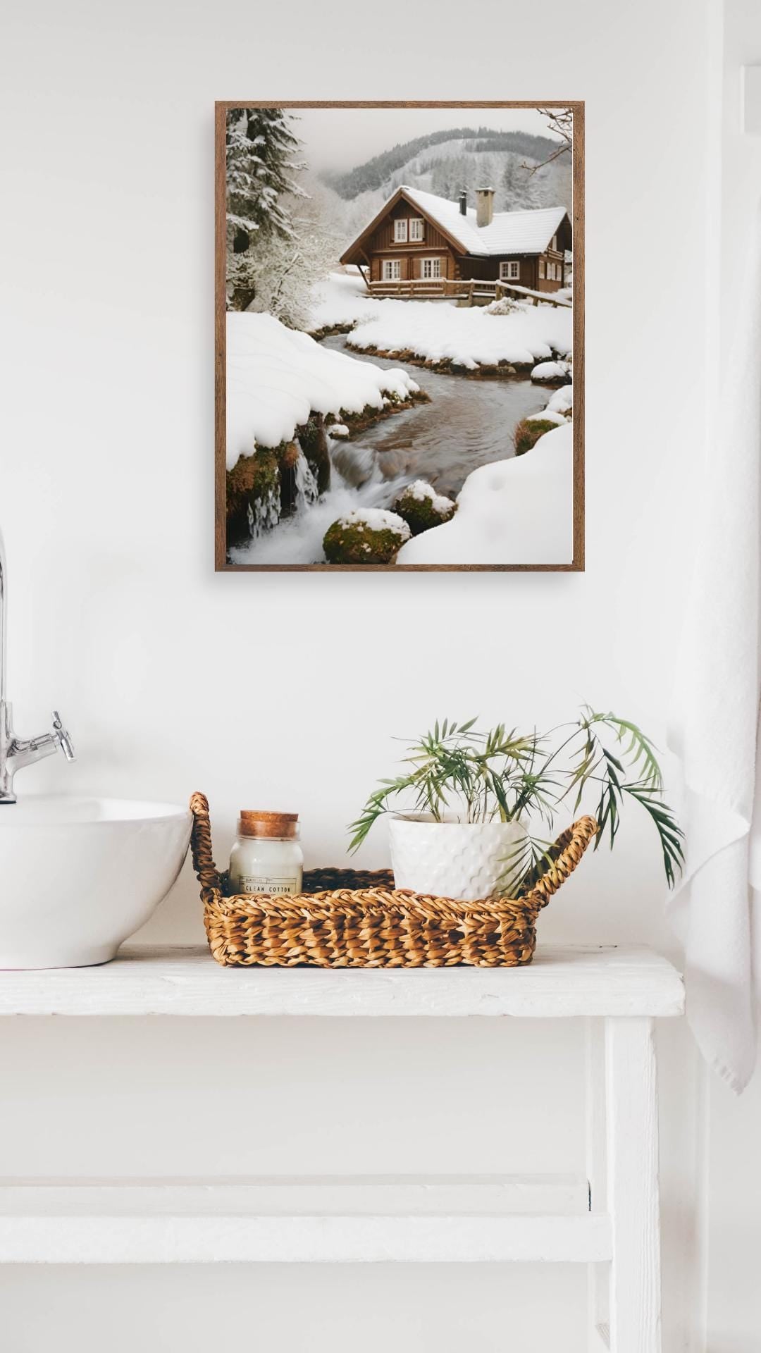 Affiche Numérique CHALET & PAYSAGE ENNEIGÉ, Art Mural Neige, Poster Montagne, Décor d'Hiver, Impression Voyage, Format A2 : 42 cm x 59,4 cm