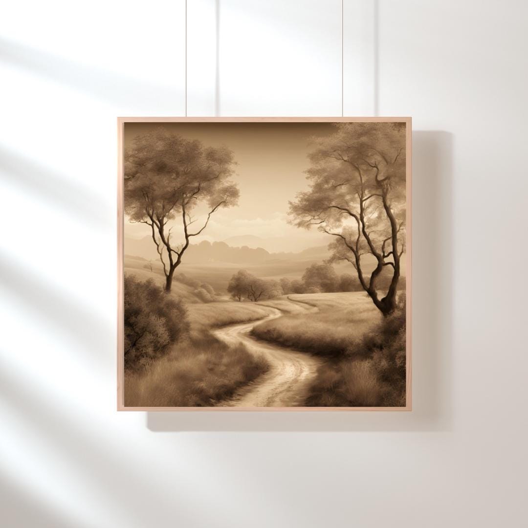 Affiche Numérique Paysage Sépia, Art Mural Style Aquarelle, Poster Campagne, Impression numérique Prés, Arbres, Chemin,Format: 50,8 x 50,8cm