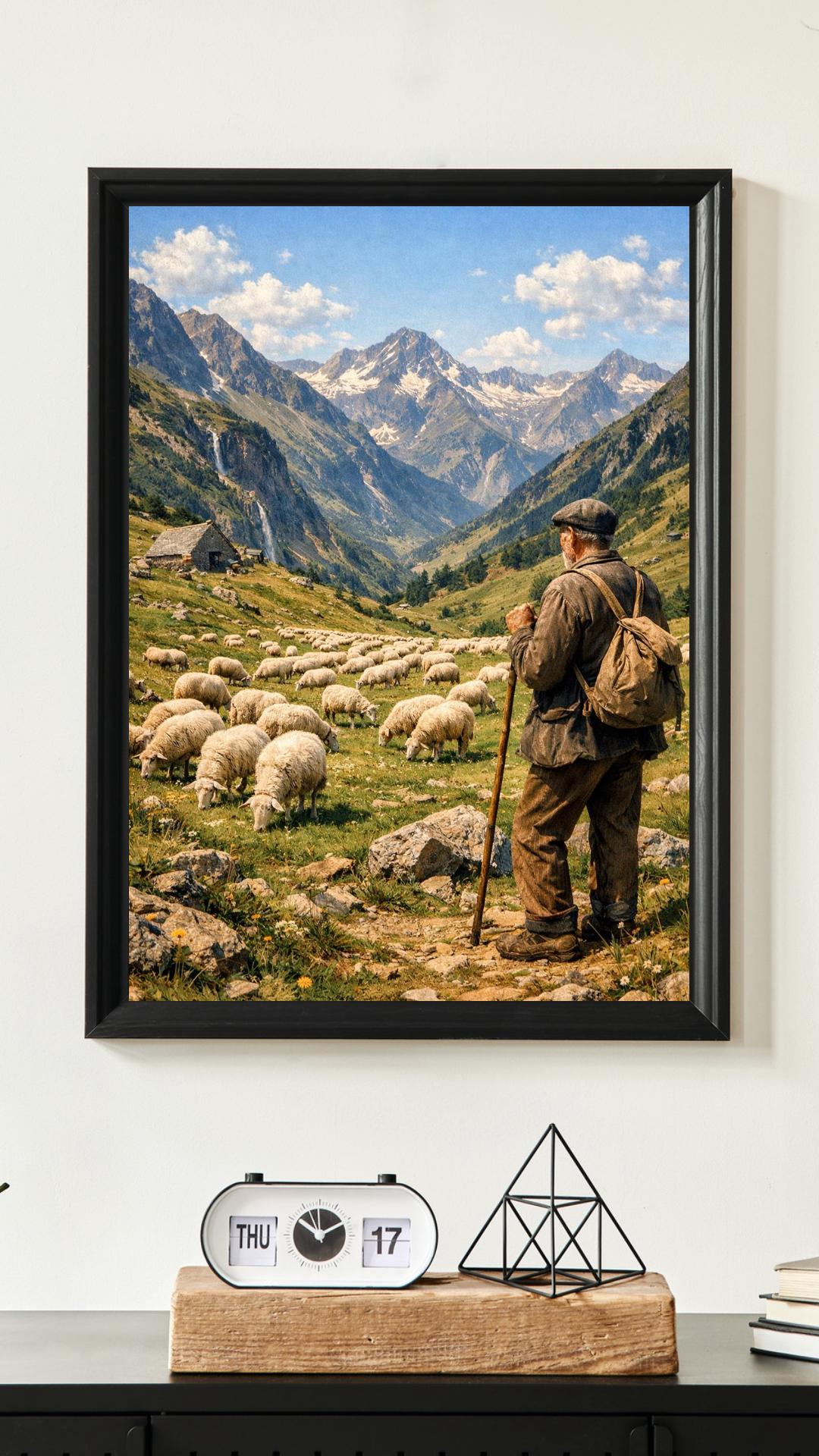 Affiche Imprimée Paysage Montagne Alpine Vintage – Berger & Troupeau – Édition Premium – Art Rural Authentique, Conçue et Imprimée en France