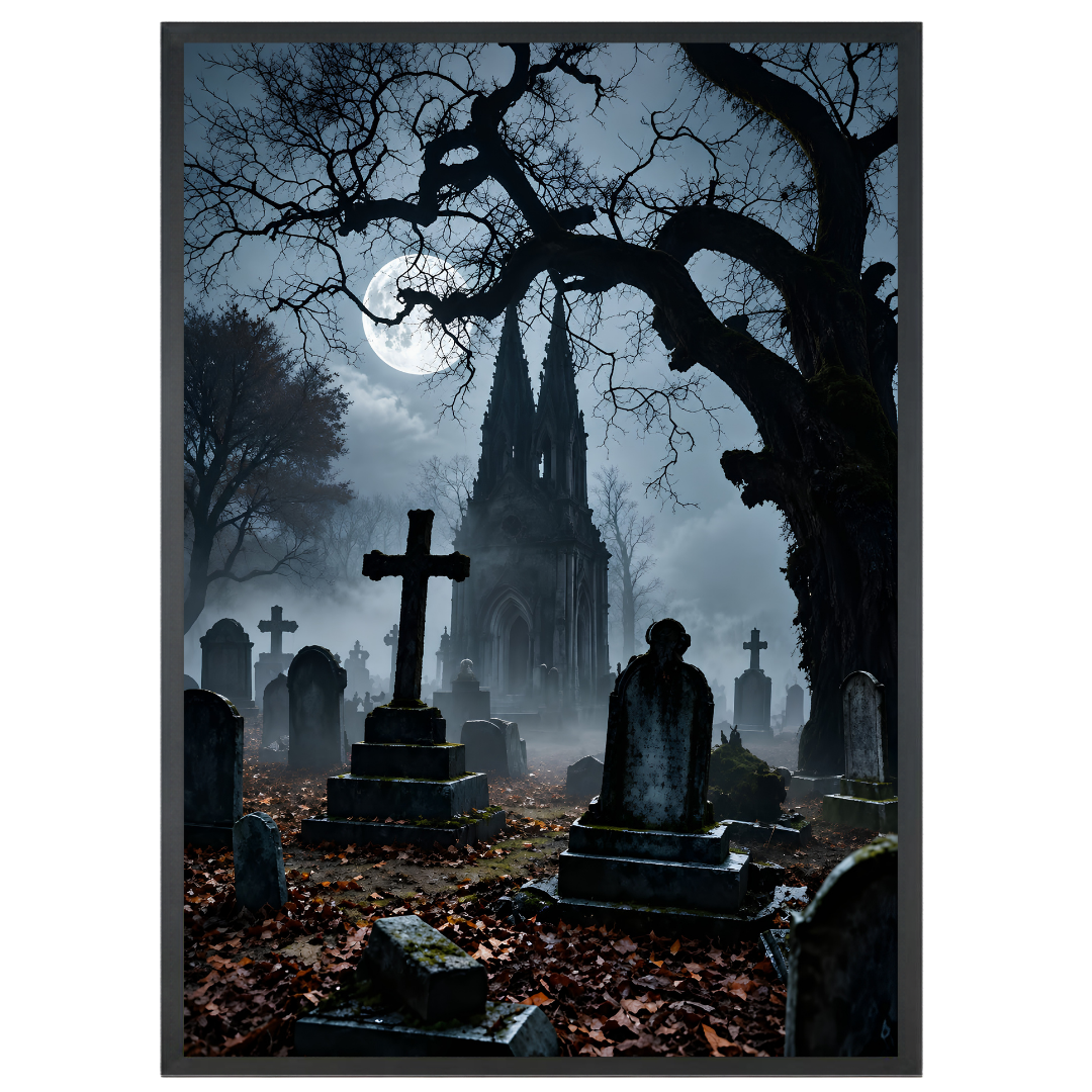 Affiche Numérique HORREUR - Cimetière la Nuit, en Fichiers : 1 PDF et 1 JPG (300 dpi), Impression Halloween, Tombes, Format A2 - 42 x 59,4cm