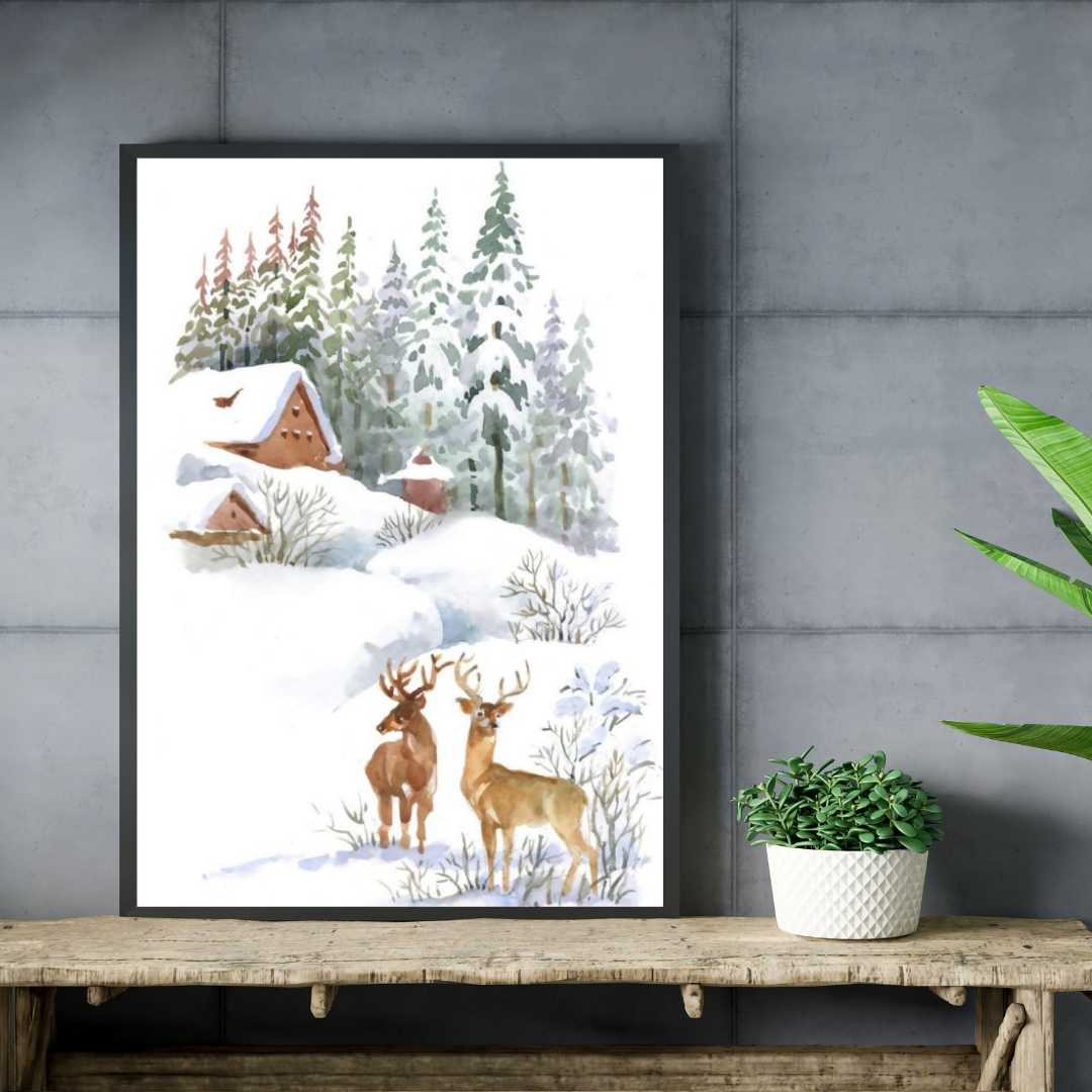 Affiche Imprimée Paysage - Chalets, sapins, cerfs et montagnes enneigées Premium, hiver, neige, art mural nature, illustration / Landscape Printed Poster - Chalets, Fir Trees, Deer & Snowy Mountain Premium, Winter, Snow, Nature Wall Art, Illustration