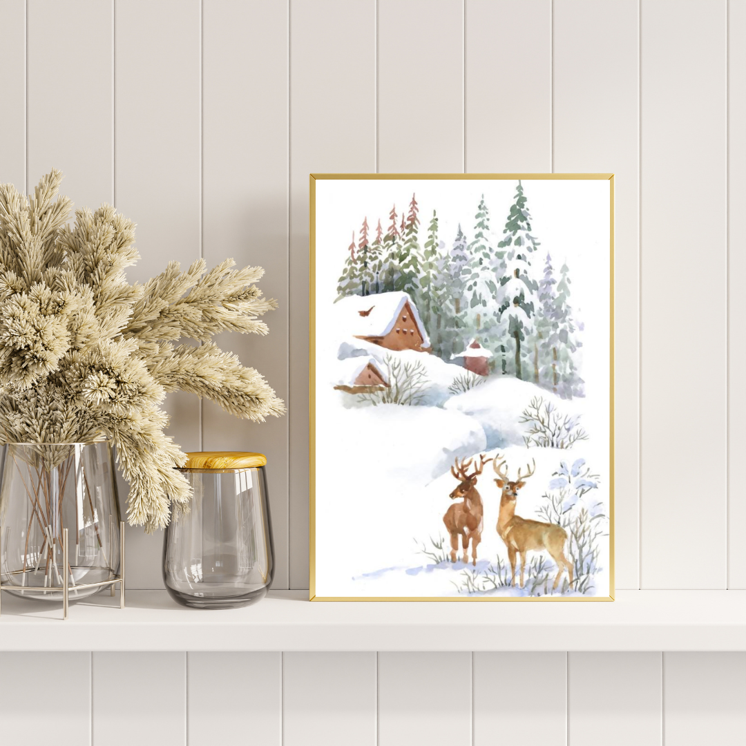 Affiche Imprimée Paysage - Chalets, sapins, cerfs et montagnes enneigées Premium, hiver, neige, art mural nature, illustration / Landscape Printed Poster - Chalets, Fir Trees, Deer & Snowy Mountain Premium, Winter, Snow, Nature Wall Art, Illustration