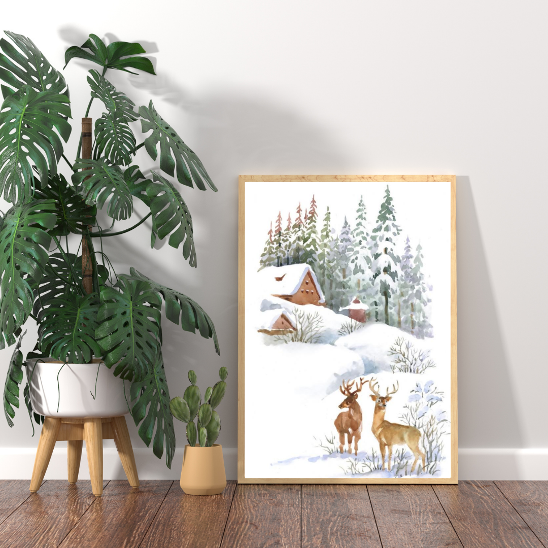 Affiche Imprimée Paysage - Chalets, sapins, cerfs et montagnes enneigées Premium, hiver, neige, art mural nature, illustration / Landscape Printed Poster - Chalets, Fir Trees, Deer & Snowy Mountain Premium, Winter, Snow, Nature Wall Art, Illustration