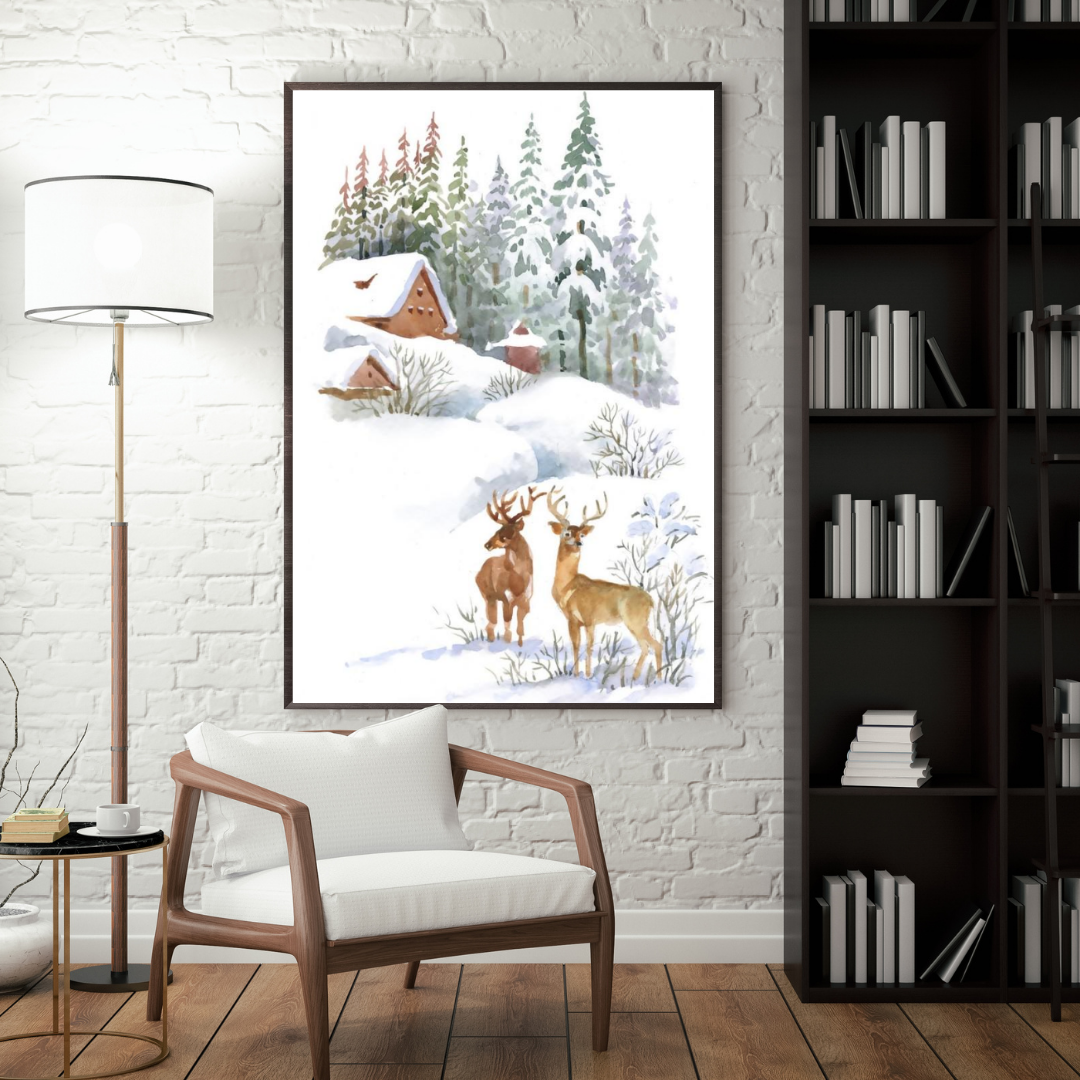 Affiche Imprimée Paysage - Chalets, sapins, cerfs et montagnes enneigées Premium, hiver, neige, art mural nature, illustration / Landscape Printed Poster - Chalets, Fir Trees, Deer & Snowy Mountain Premium, Winter, Snow, Nature Wall Art, Illustration