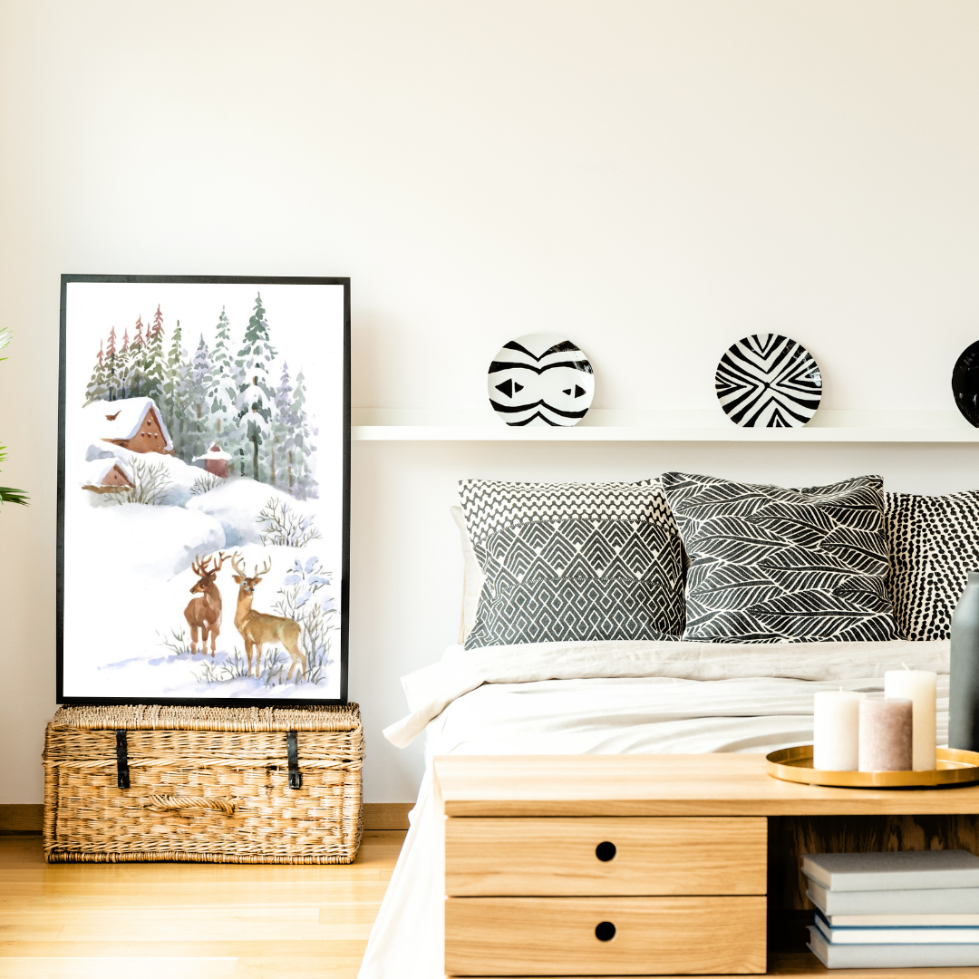 Affiche Imprimée Paysage - Chalets, sapins, cerfs et montagnes enneigées Premium, hiver, neige, art mural nature, illustration / Landscape Printed Poster - Chalets, Fir Trees, Deer & Snowy Mountain Premium, Winter, Snow, Nature Wall Art, Illustration