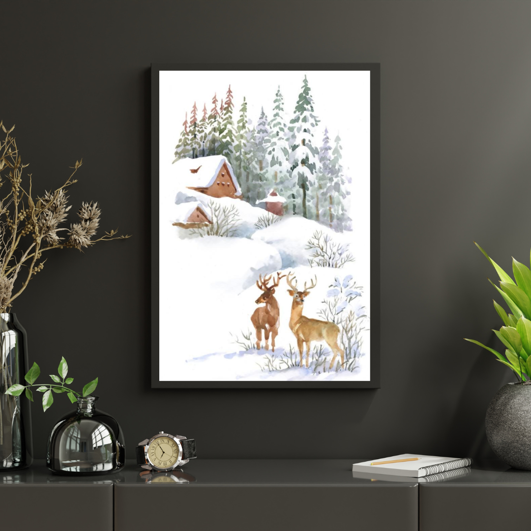 Affiche Imprimée Paysage - Chalets, sapins, cerfs et montagnes enneigées Premium, hiver, neige, art mural nature, illustration / Landscape Printed Poster - Chalets, Fir Trees, Deer & Snowy Mountain Premium, Winter, Snow, Nature Wall Art, Illustration