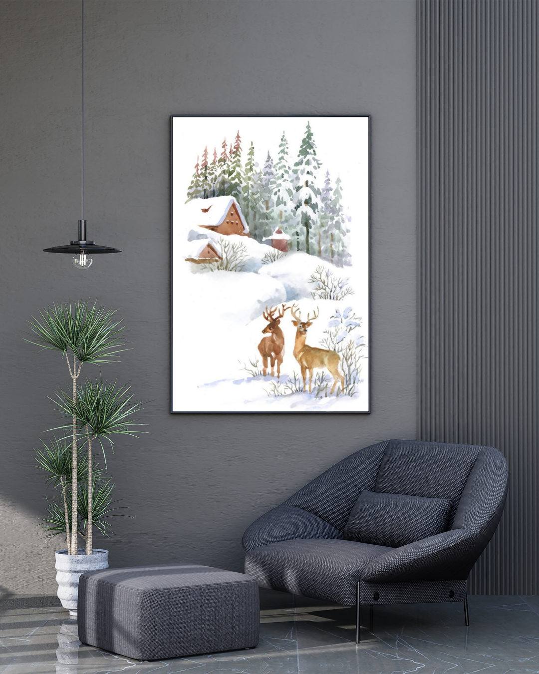 Affiche Imprimée Paysage - Chalets, sapins, cerfs et montagnes enneigées Premium, hiver, neige, art mural nature, illustration / Landscape Printed Poster - Chalets, Fir Trees, Deer & Snowy Mountain Premium, Winter, Snow, Nature Wall Art, Illustration