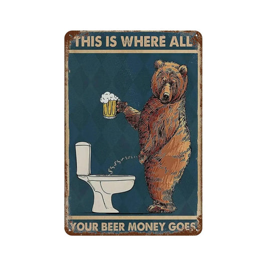 Plaque en Métal - Ours buvant de la bière dans les Toilettes / Retro Funny Wall Art Metaal Signs - Bear Drinking Beer in The Toilet