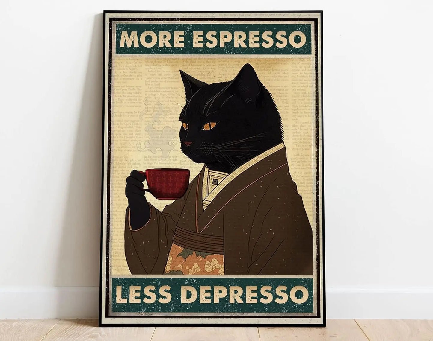 Plaque en Métal Rétro "More Expresso, Less Depresso", Art Mural Chat Noir Drôle, Affiche de Boissons, Cadeau pour Amateur de Café / "More Expresso Less Depresso" Retro Metal Sign, Drinking Poster, Coffee Lover Gift, Funny Black Cat Wall Art