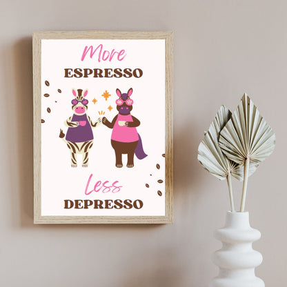 Digital Poster "More Espresso Less Depresso", in JPG file, Humor Illustration, Cool Poster, Bar/Office/Kitchen Decor, Colleague Gift