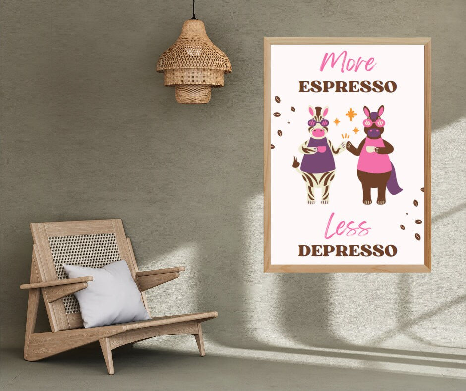 Digital Poster "More Espresso Less Depresso", in JPG file, Humor Illustration, Cool Poster, Bar/Office/Kitchen Decor, Colleague Gift