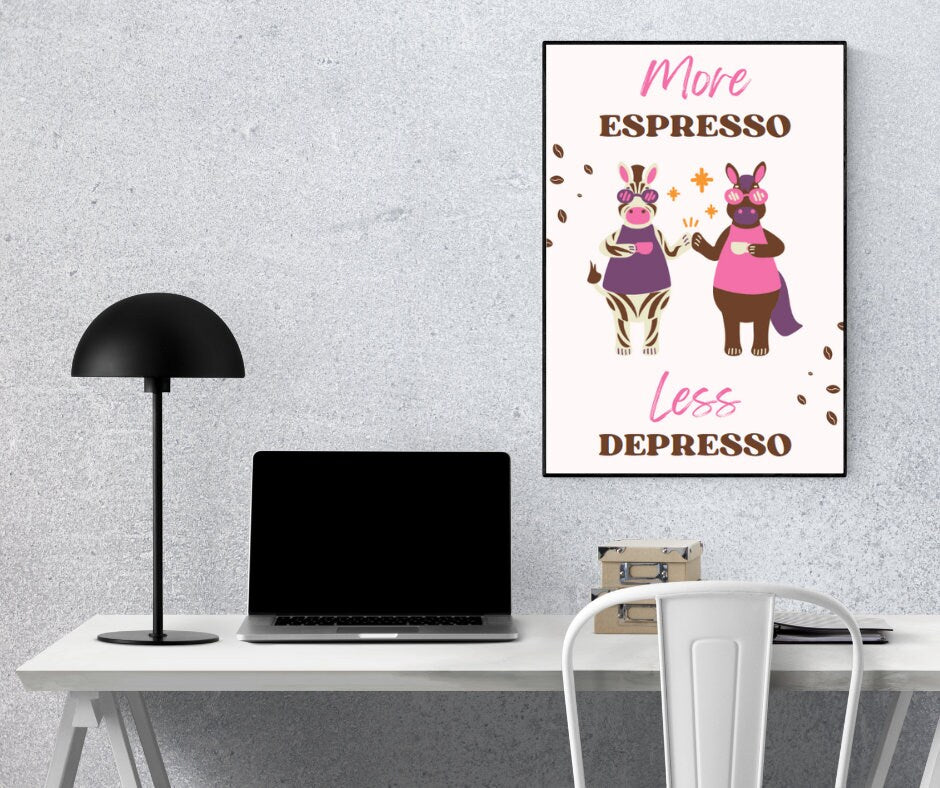 Digital Poster "More Espresso Less Depresso", in JPG file, Humor Illustration, Cool Poster, Bar/Office/Kitchen Decor, Colleague Gift