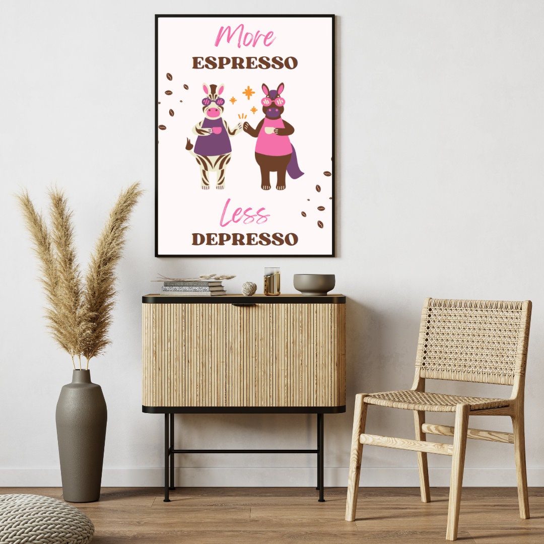 Digital Poster "More Espresso Less Depresso", in JPG file, Humor Illustration, Cool Poster, Bar/Office/Kitchen Decor, Colleague Gift