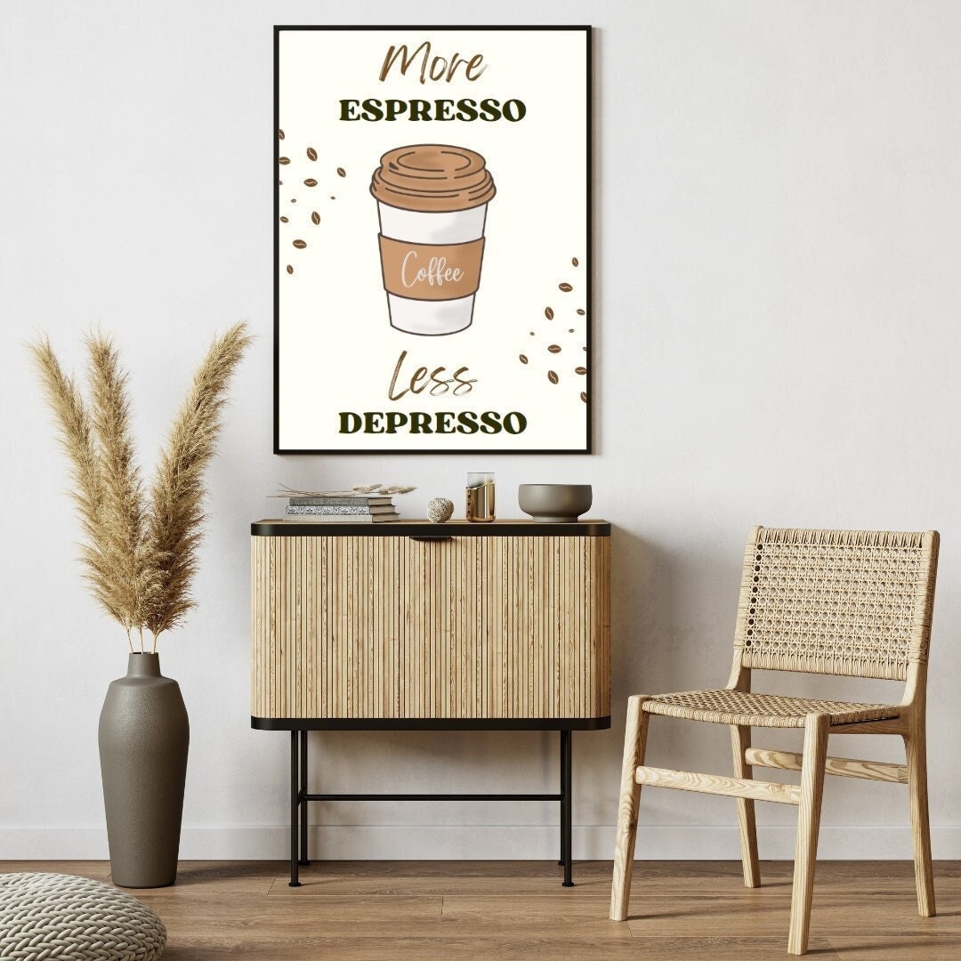 Digital Poster "More Espresso Less Depresso", in JPG file, Humor Illustration, Cool Poster, Bar/Office/Kitchen Decor, Colleague Gift