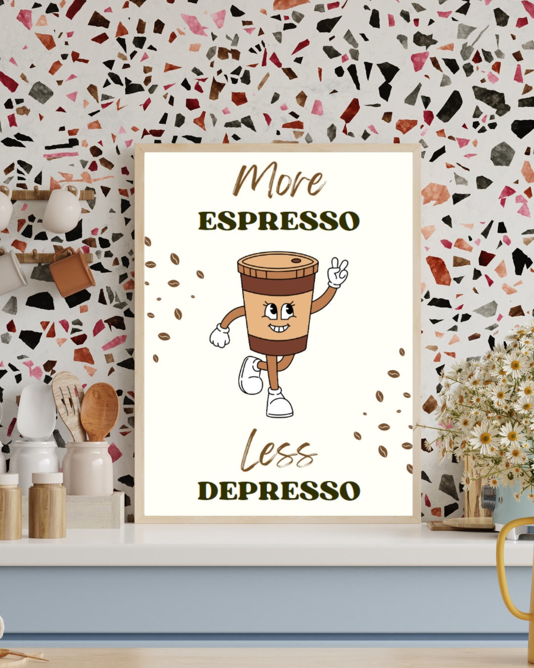 Digital Poster "More Espresso Less Depresso", in JPG file, Humor Illustration, Cool Poster, Bar/Office/Kitchen Decor, Colleague Gift