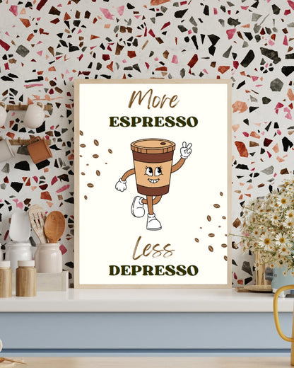 Digital Poster "More Espresso Less Depresso", in JPG file, Humor Illustration, Cool Poster, Bar/Office/Kitchen Decor, Colleague Gift