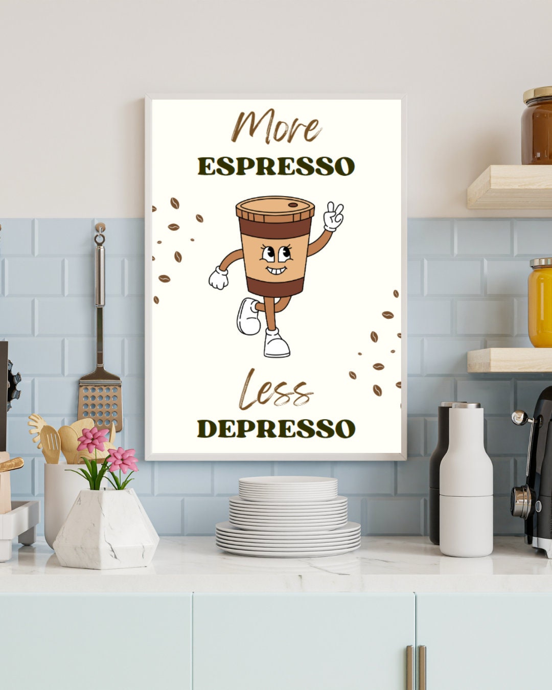 Digital Poster "More Espresso Less Depresso", in JPG file, Humor Illustration, Cool Poster, Bar/Office/Kitchen Decor, Colleague Gift