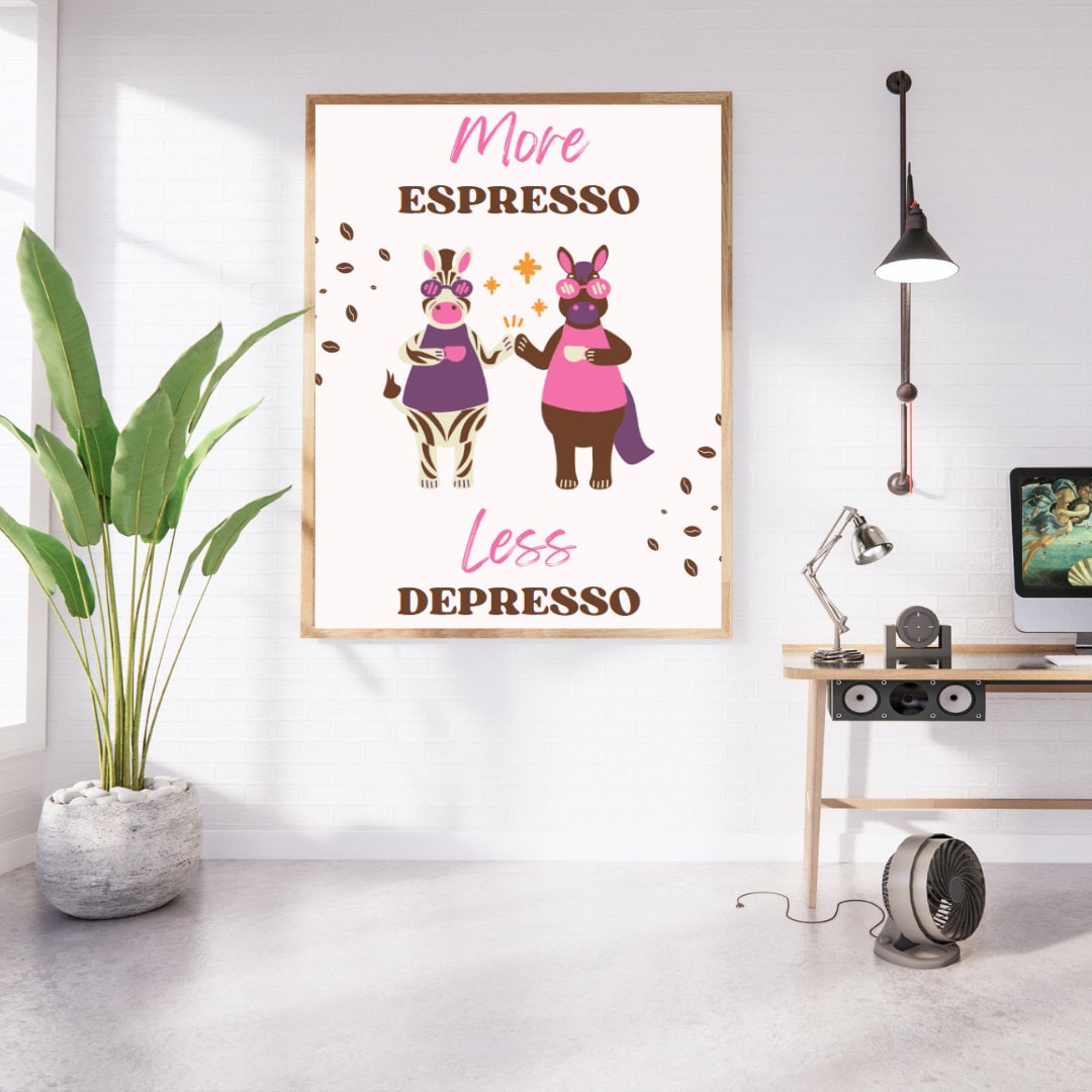 Digital Poster "More Espresso Less Depresso", in JPG file, Humor Illustration, Cool Poster, Bar/Office/Kitchen Decor, Colleague Gift