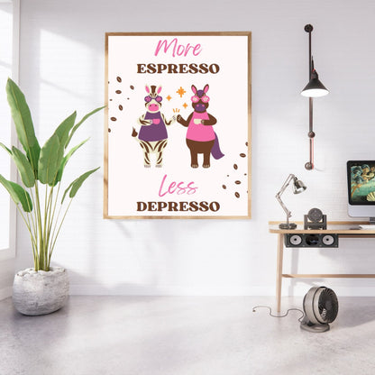 Digital Poster "More Espresso Less Depresso", in JPG file, Humor Illustration, Cool Poster, Bar/Office/Kitchen Decor, Colleague Gift