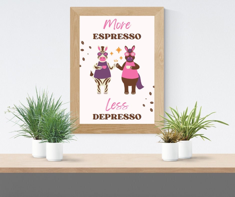 Digital Poster "More Espresso Less Depresso", in JPG file, Humor Illustration, Cool Poster, Bar/Office/Kitchen Decor, Colleague Gift