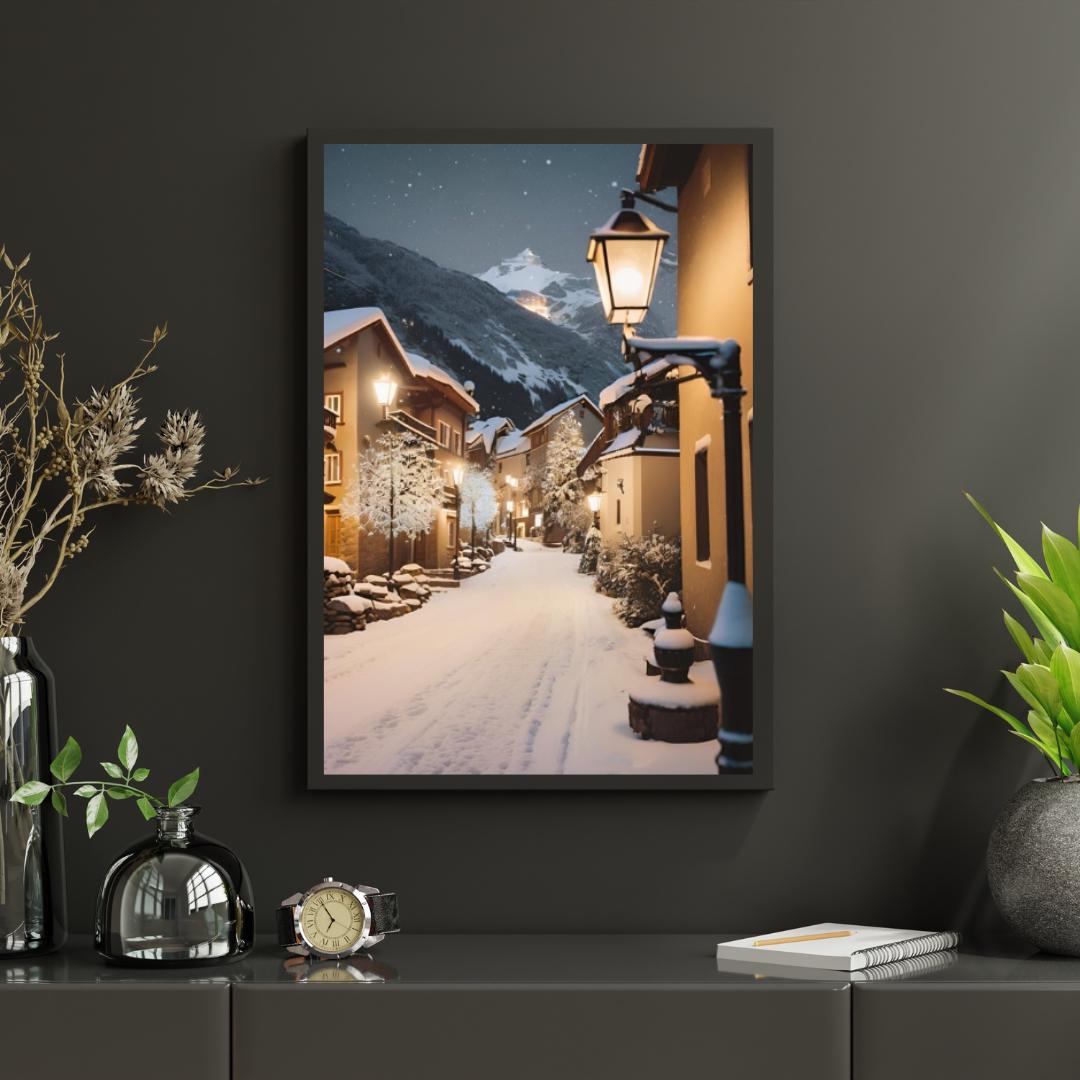 Affiche Numérique VILLAGE et MONTAGNE ENNEIGÉS Prémium, Art Mural, Poster Voyage, Affiche Paysage, Décor Neige, Format A2 - 42 x 59,4 cm