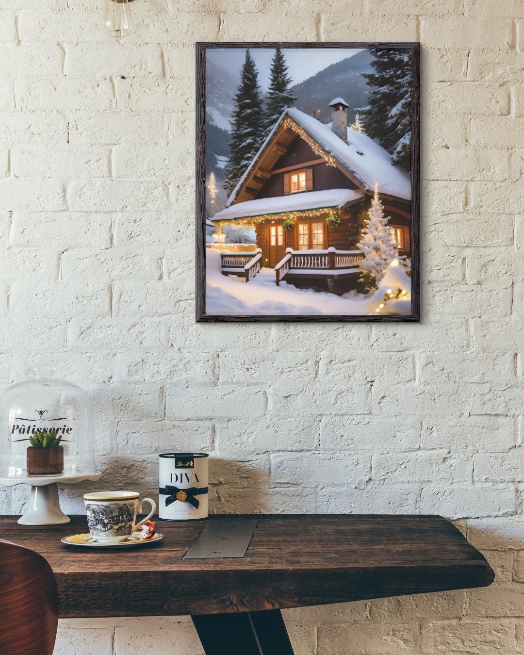 Affiche Numérique CHALET & PAYSAGE ENNEIGÉ à Noël, Art Mural Neige, Poster Montagne, Décor Fêtes, Impression Voyage, Format A2: 42 x 59,4 cm