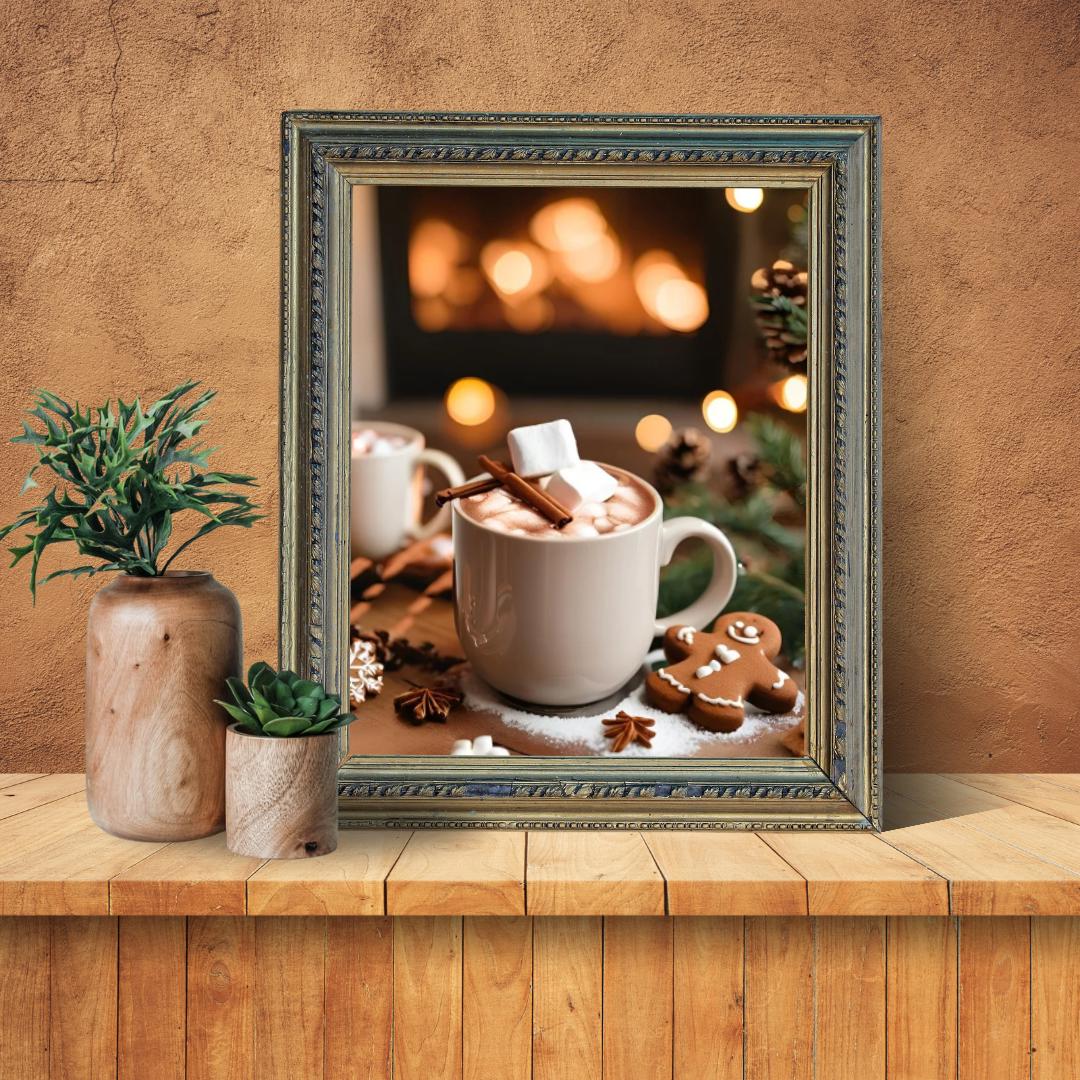 Affiche Numérique NOËL - Chocolat Chaud & Pain d'épice, Art Mural, Fêtes de Fin d'Année, Impression Poster, Décor, Format A2 : 42 x 59,4 cm