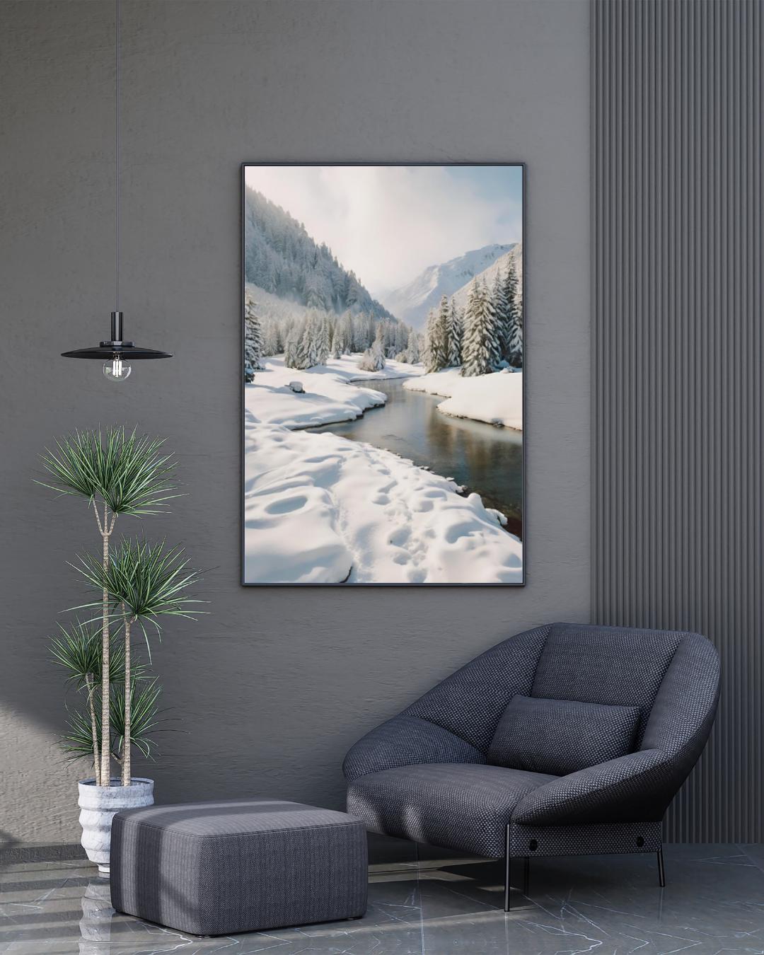 Affiche Numérique MONTAGNE ENNEIGÉE, Art Mural, Poster Hiver, Impression Paysage, Décor Neige, Ruisseau, Déco Hiver, Format A2: 42 x 59,4 cm