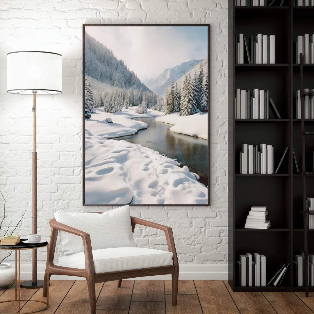 Affiche Numérique MONTAGNE ENNEIGÉE, Art Mural, Poster Hiver, Impression Paysage, Décor Neige, Ruisseau, Déco Hiver, Format A2: 42 x 59,4 cm