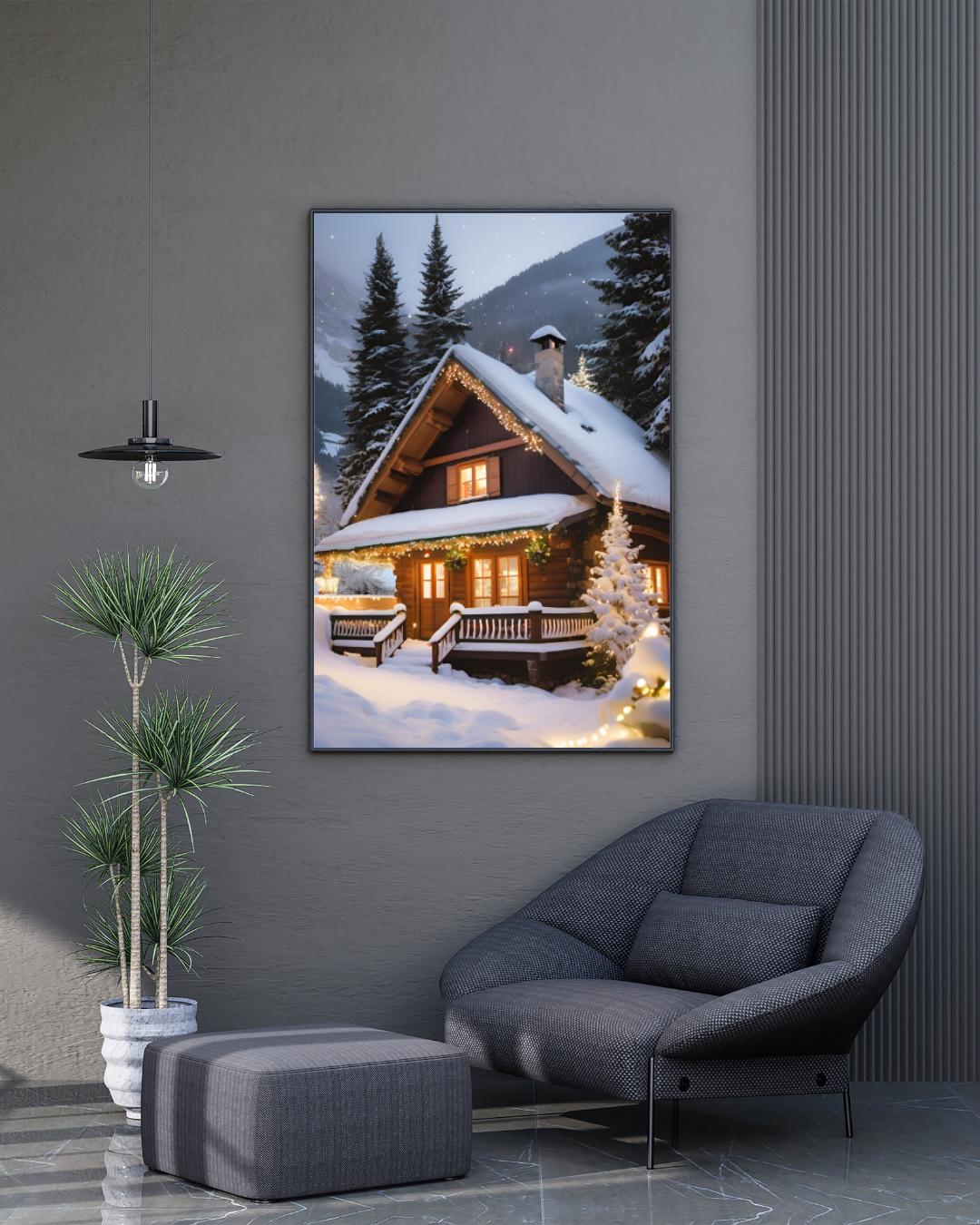 Affiche Numérique CHALET & PAYSAGE ENNEIGÉ à Noël, Art Mural Neige, Poster Montagne, Décor Fêtes, Impression Voyage, Format A2: 42 x 59,4 cm