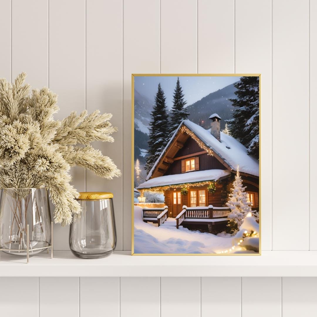 Affiche Numérique CHALET & PAYSAGE ENNEIGÉ à Noël, Art Mural Neige, Poster Montagne, Décor Fêtes, Impression Voyage, Format A2: 42 x 59,4 cm