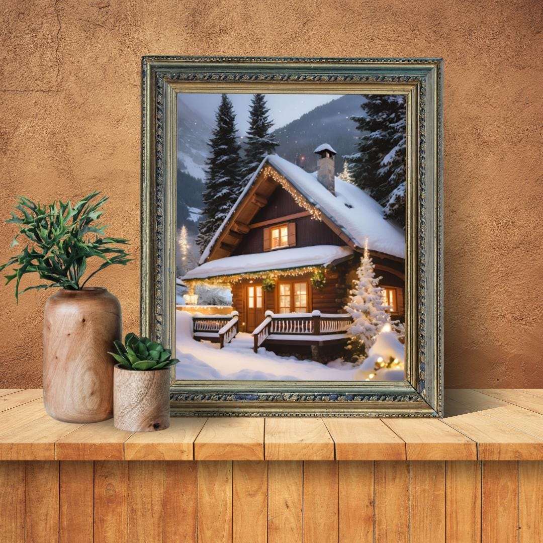 Affiche Numérique CHALET & PAYSAGE ENNEIGÉ à Noël, Art Mural Neige, Poster Montagne, Décor Fêtes, Impression Voyage, Format A2: 42 x 59,4 cm