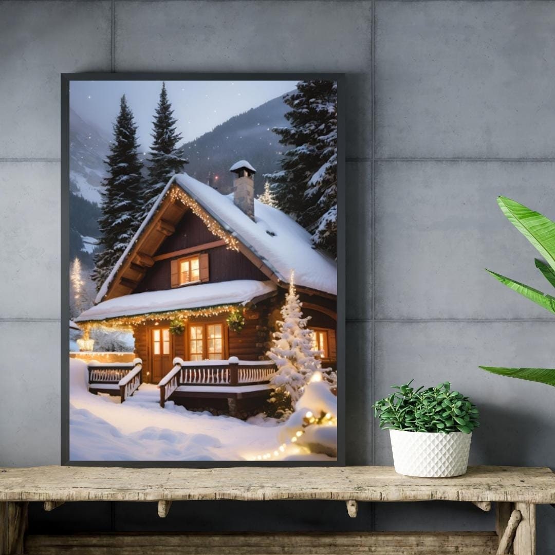 Affiche Numérique CHALET & PAYSAGE ENNEIGÉ à Noël, Art Mural Neige, Poster Montagne, Décor Fêtes, Impression Voyage, Format A2: 42 x 59,4 cm