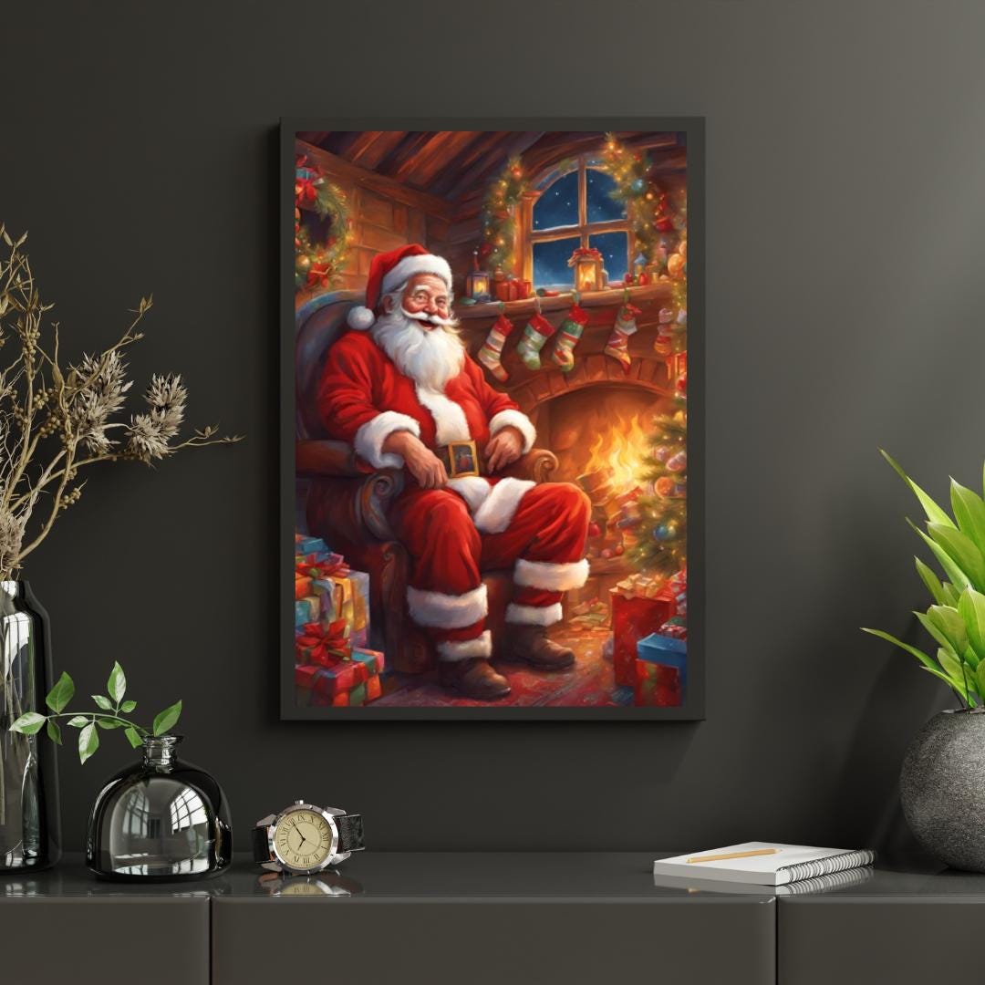 Affiche Numérique NOËL - Le Père Noël dans sa Maison au Pôle Nord, Art Mural, Poster & Déco Fêtes de Fin d'Année, Format A2 : 42 x 59,4 cm