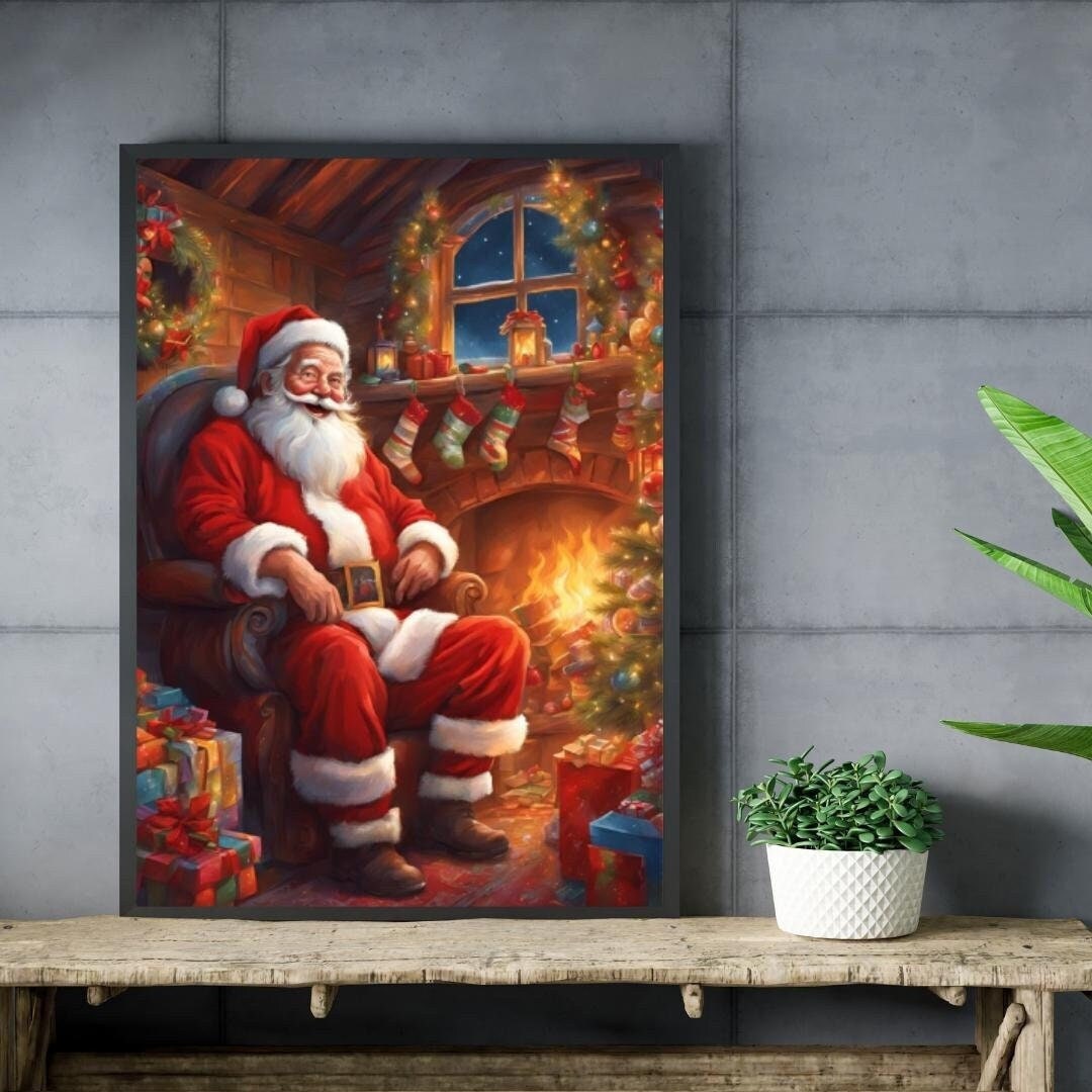 Affiche Numérique NOËL - Le Père Noël dans sa Maison au Pôle Nord, Art Mural, Poster & Déco Fêtes de Fin d'Année, Format A2 : 42 x 59,4 cm