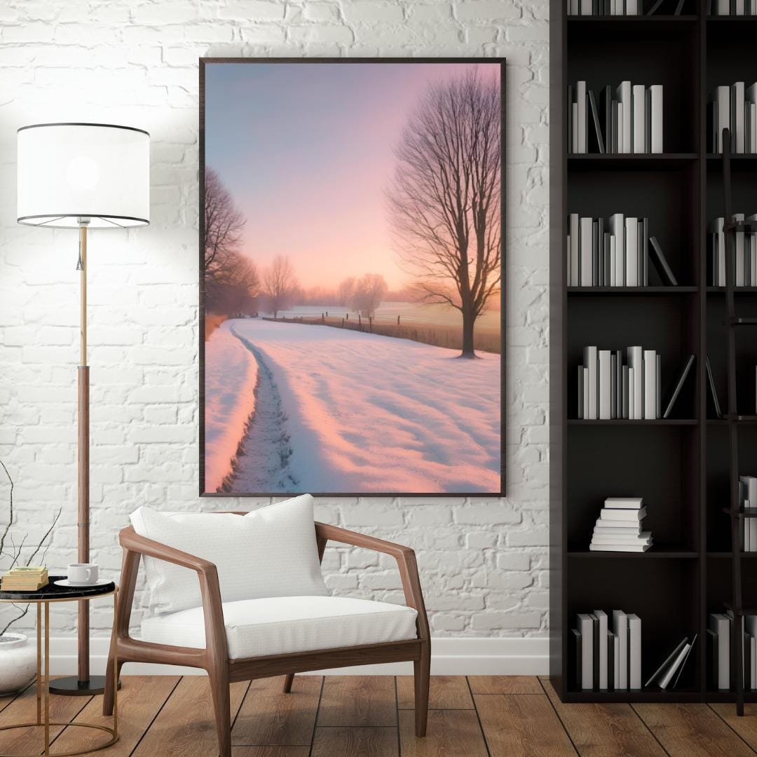 Affiche Numérique Campagne Enneigée au Coucher du Soleil, Art Mural Hiver, Poster Nature, Paysage, Décor de Neige, Format A2 : 42 x 59,4 cm