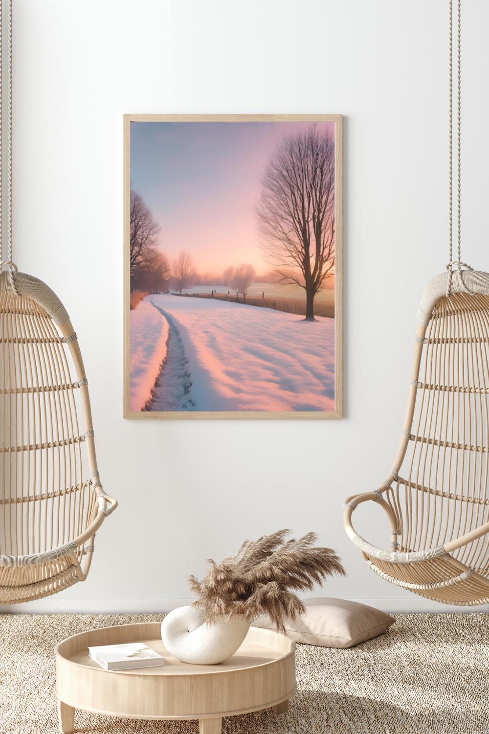 Affiche Numérique Campagne Enneigée au Coucher du Soleil, Art Mural Hiver, Poster Nature, Paysage, Décor de Neige, Format A2 : 42 x 59,4 cm