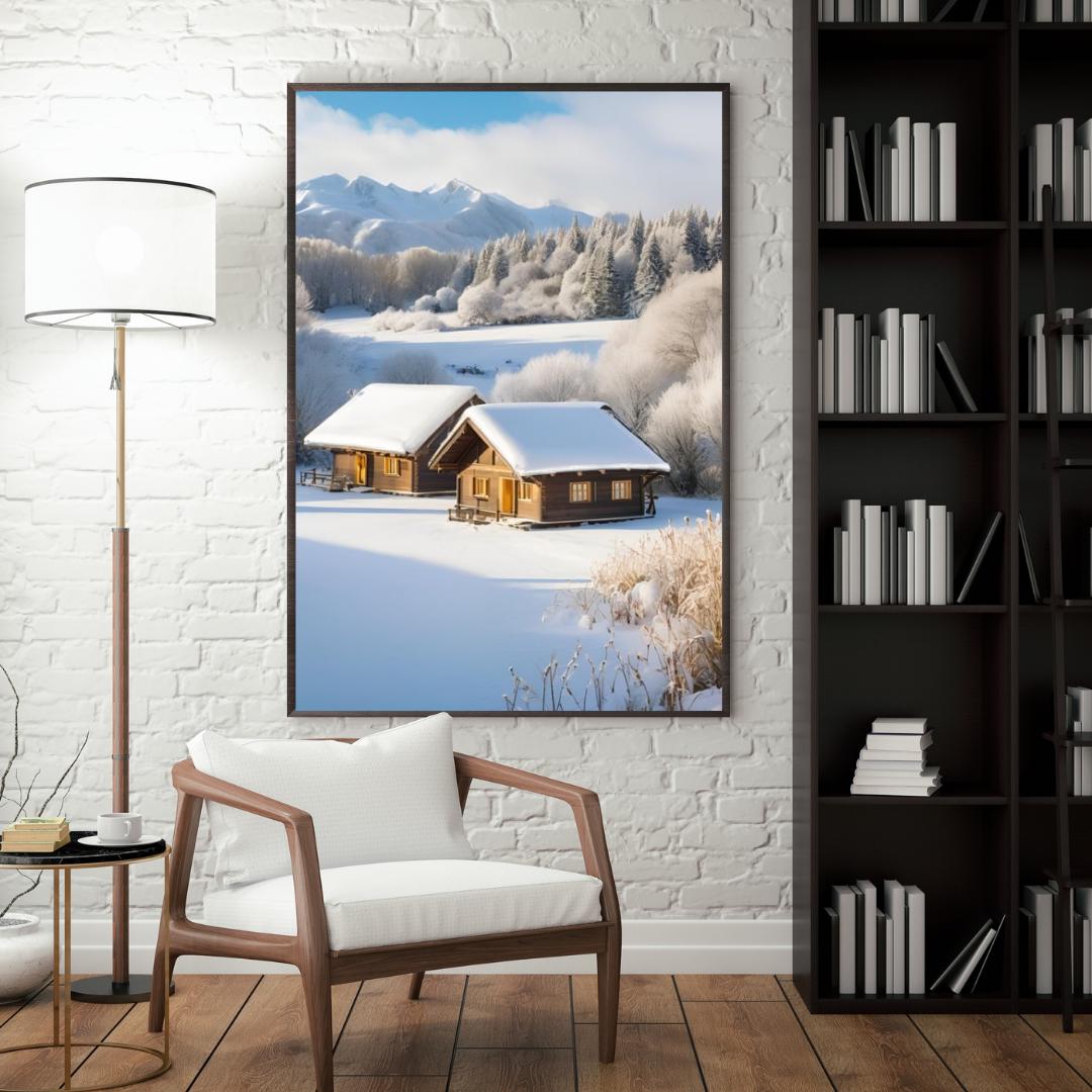 Affiche Numérique Chalets dans la Campagne Enneigée, Art Mural Hiver, Poster Nature, Paysage, Décor de Neige, Format A2 : 42 x 59,4 cm