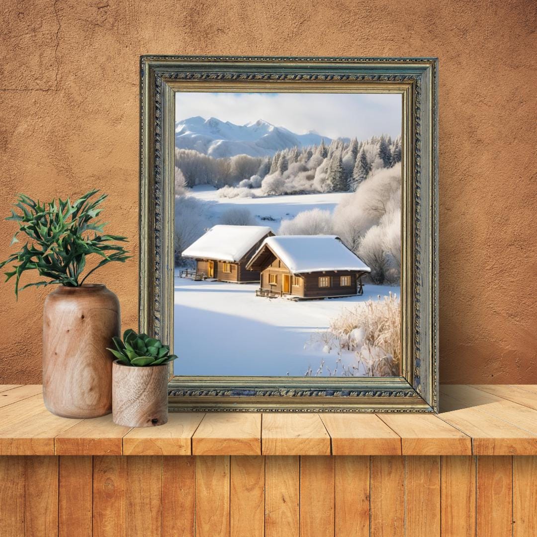 Affiche Numérique Chalets dans la Campagne Enneigée, Art Mural Hiver, Poster Nature, Paysage, Décor de Neige, Format A2 : 42 x 59,4 cm