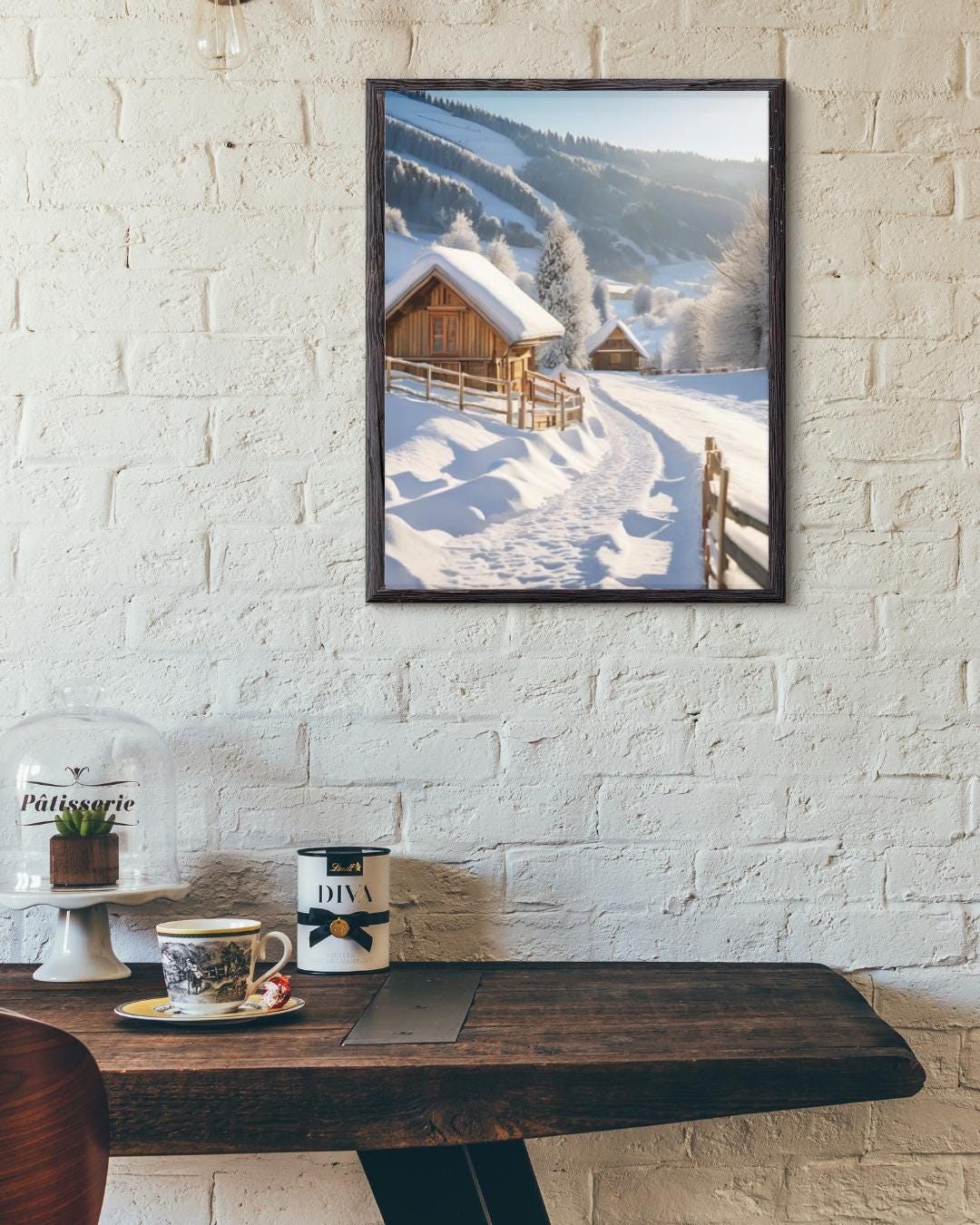 Affiche Numérique Chalets dans la Campagne Enneigée, Art Mural Hiver, Poster Nature, Paysage, Décor de Neige, Format A2 : 42 x 59,4 cm