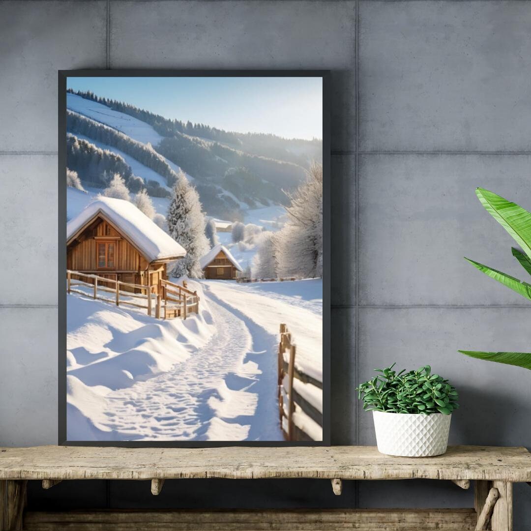 Affiche Numérique Chalets dans la Campagne Enneigée, Art Mural Hiver, Poster Nature, Paysage, Décor de Neige, Format A2 : 42 x 59,4 cm