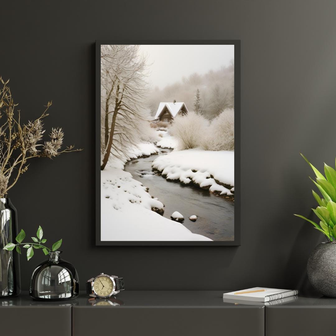 CHALET & Snowy Landscape Digital Poster, Snow Wall Art, Mountain Poster, Winter Decor, Travel Print, A2 Size: 42 cm x 59.4 cm