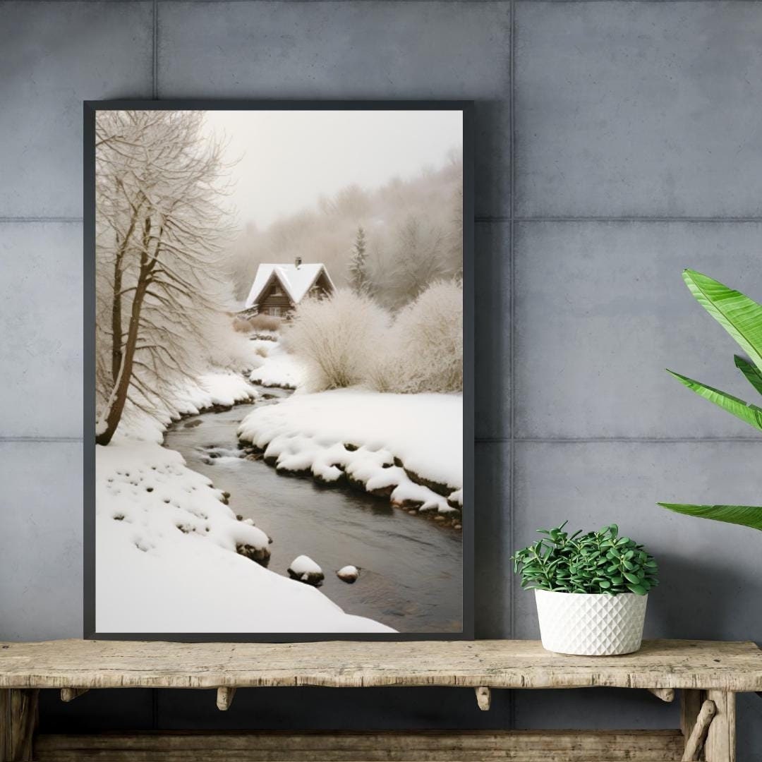 CHALET & Snowy Landscape Digital Poster, Snow Wall Art, Mountain Poster, Winter Decor, Travel Print, A2 Size: 42 cm x 59.4 cm