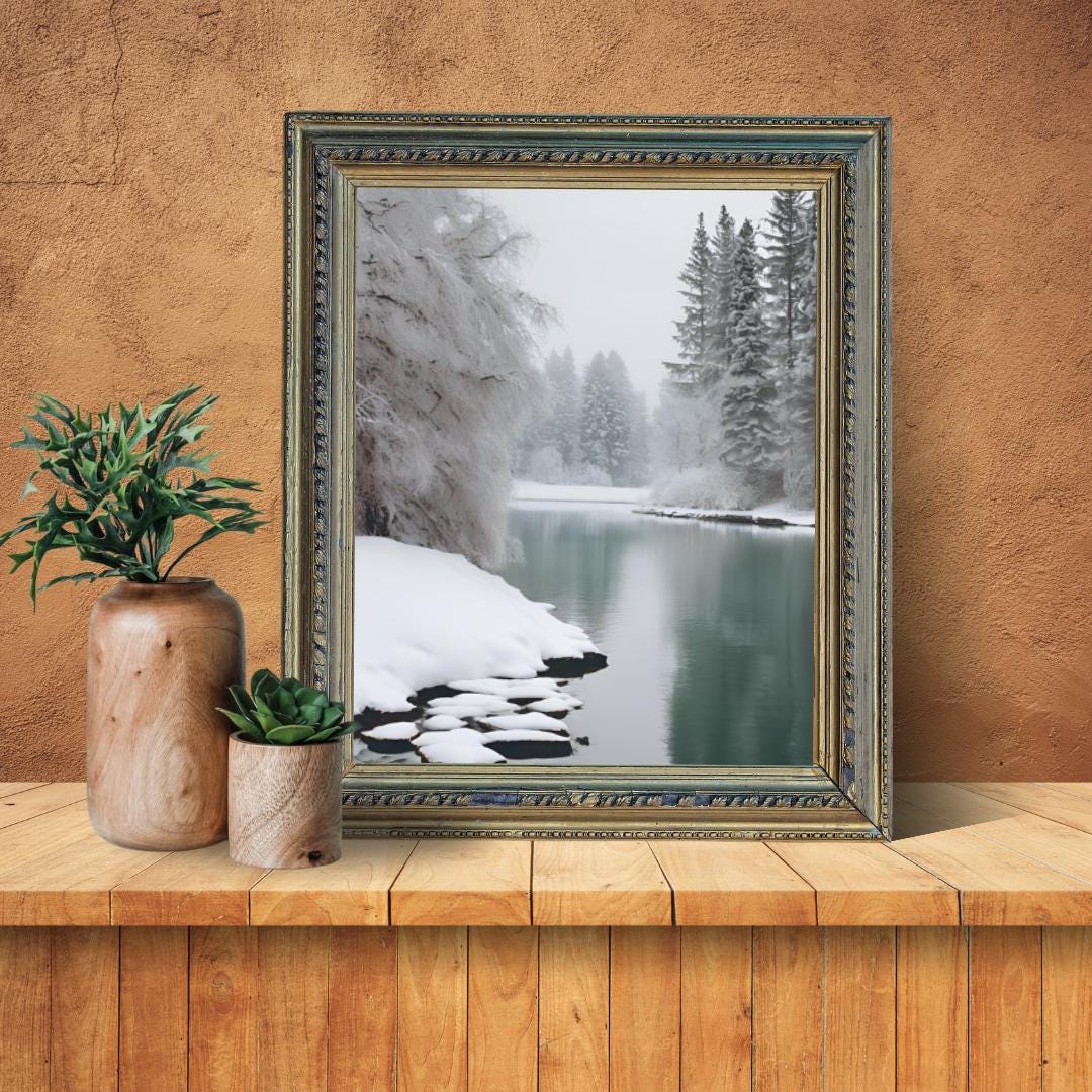 SNOWY MOUNTAIN Digital Poster, Wall Art, Winter Poster, Landscape Print, Snow Decor, Stream, Winter Decor, A2 Format: 42 x 59.4 cm