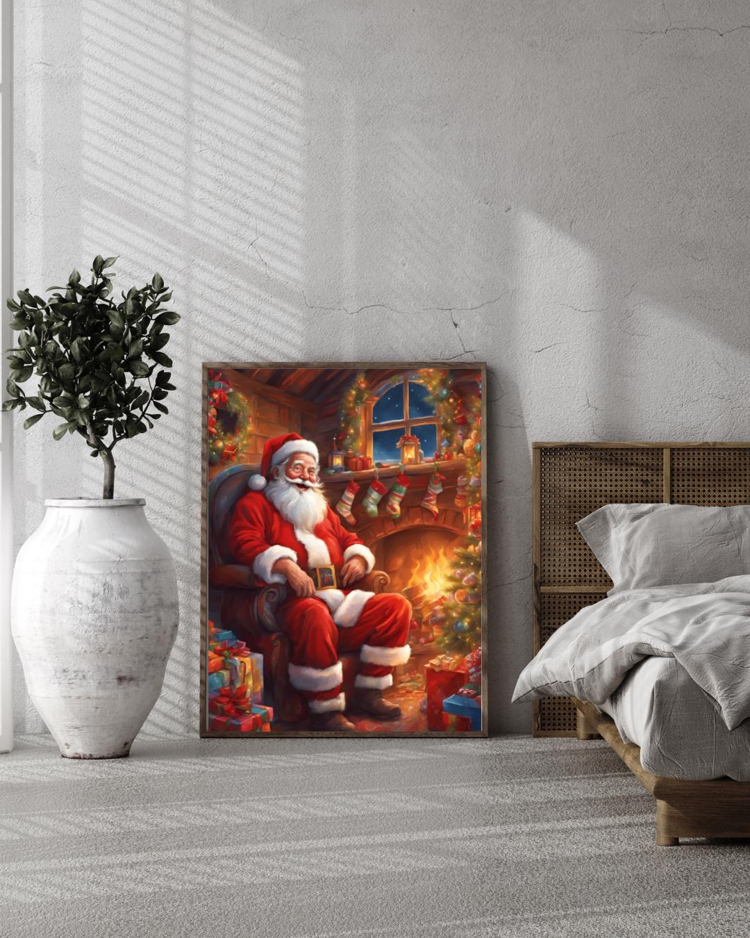 Affiche Numérique NOËL - Le Père Noël dans sa Maison au Pôle Nord, Art Mural, Poster & Déco Fêtes de Fin d'Année, Format A2 : 42 x 59,4 cm