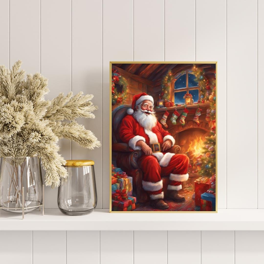 Affiche Numérique NOËL - Le Père Noël dans sa Maison au Pôle Nord, Art Mural, Poster & Déco Fêtes de Fin d'Année, Format A2 : 42 x 59,4 cm