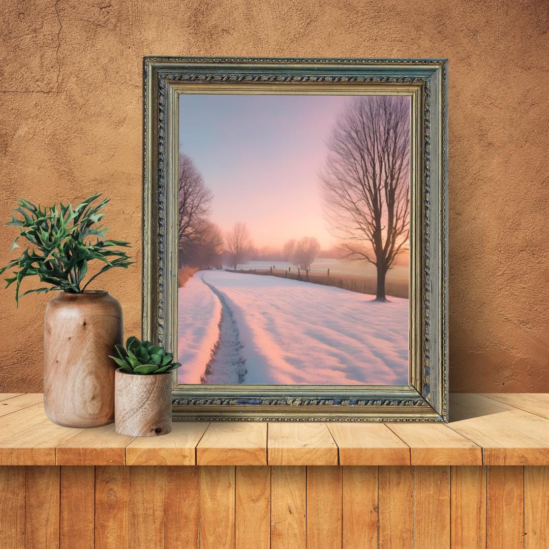 Affiche Numérique Campagne Enneigée au Coucher du Soleil, Art Mural Hiver, Poster Nature, Paysage, Décor de Neige, Format A2 : 42 x 59,4 cm