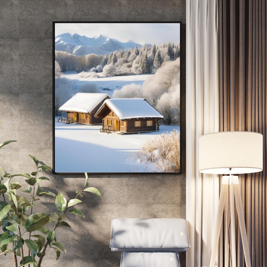 Affiche Numérique Chalets dans la Campagne Enneigée, Art Mural Hiver, Poster Nature, Paysage, Décor de Neige, Format A2 : 42 x 59,4 cm