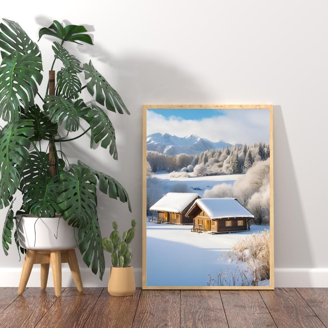 Affiche Numérique Chalets dans la Campagne Enneigée, Art Mural Hiver, Poster Nature, Paysage, Décor de Neige, Format A2 : 42 x 59,4 cm